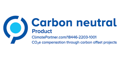 Logo von ClimatePartner mit dem Text 'Carbon neutral Product'. Enthält eine Grafik mit einem blauen Kreis und einem inneren blauen Punkt.