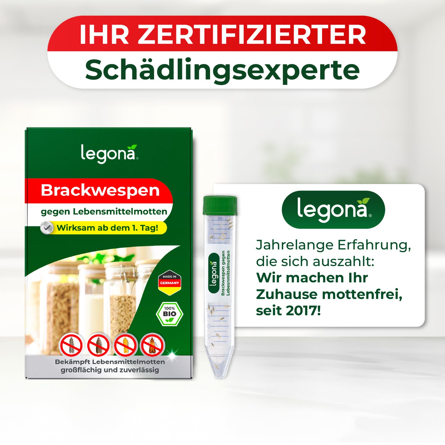 Verpackung von Legona Brackwespen gegen Lebensmittelmotten, grüne Box mit transparentem Röhrchen, Text: 'Jahrelange Erfahrung, die sich auszahlt: Wir machen Ihr Zuhause mottenfrei, seit 2017!'