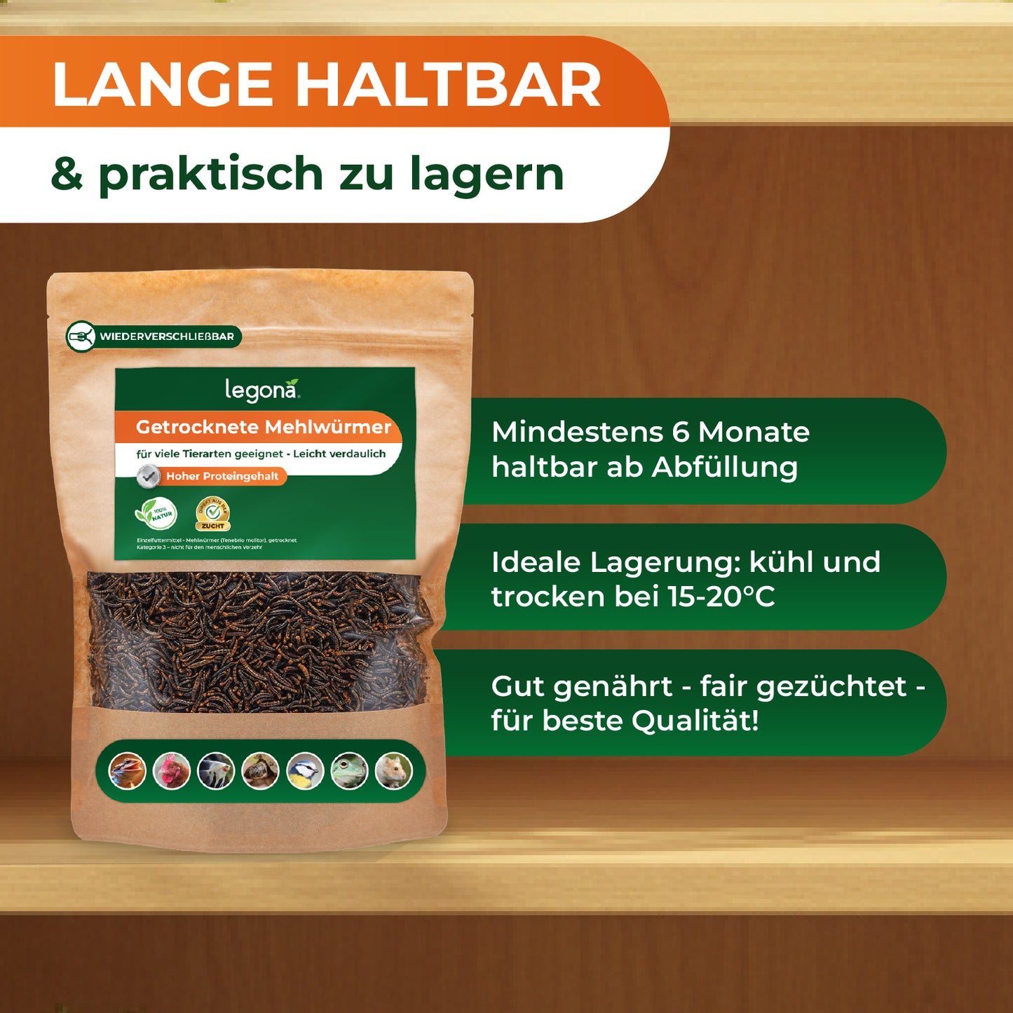 Packung mit getrockneten Mehlwürmern in einem Holzregal stehend, mit Text zu Haltbarkeit und Lagerung