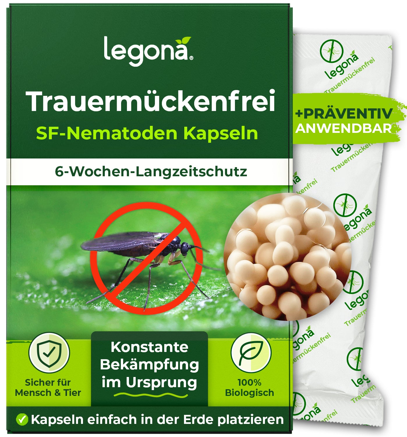Legona Trauermückenfrei SF-Nematoden Kapseln mit 6-Wochen-Langzeitschutz, sicher für Mensch und Tier, 100% biologisch, zur Bekämpfung von Trauermücken im Boden