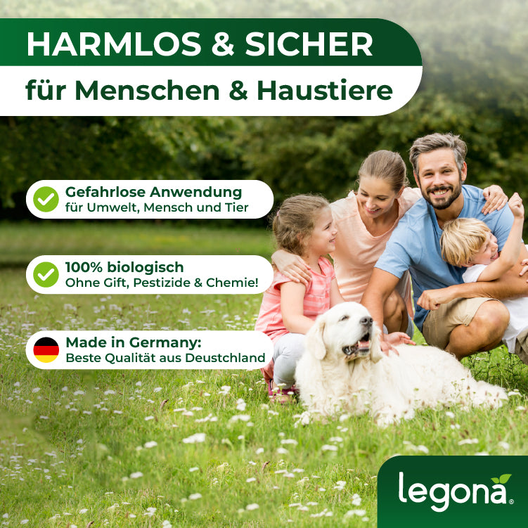 Familie mit zwei Kindern und Hund sitzt auf einer Wiese, Text zu sicherer, biologischer Anwendung ohne Gift, Made in Germany