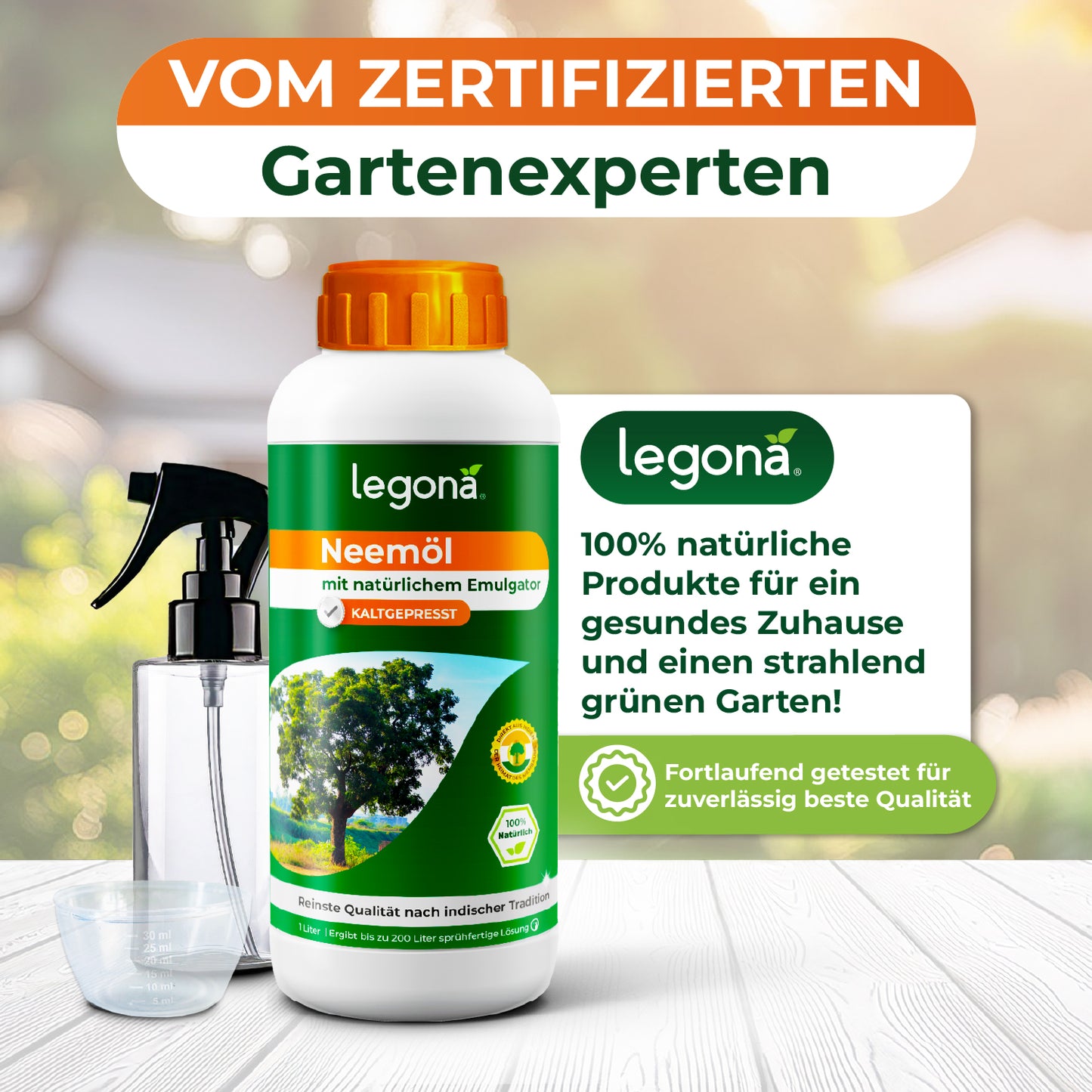 Legona Neemöl in weißer Flasche mit orangefarbenem Deckel, daneben eine Sprühflasche, Text betont 100% natürliche Produkte für gesunden Garten und zertifizierte Qualität