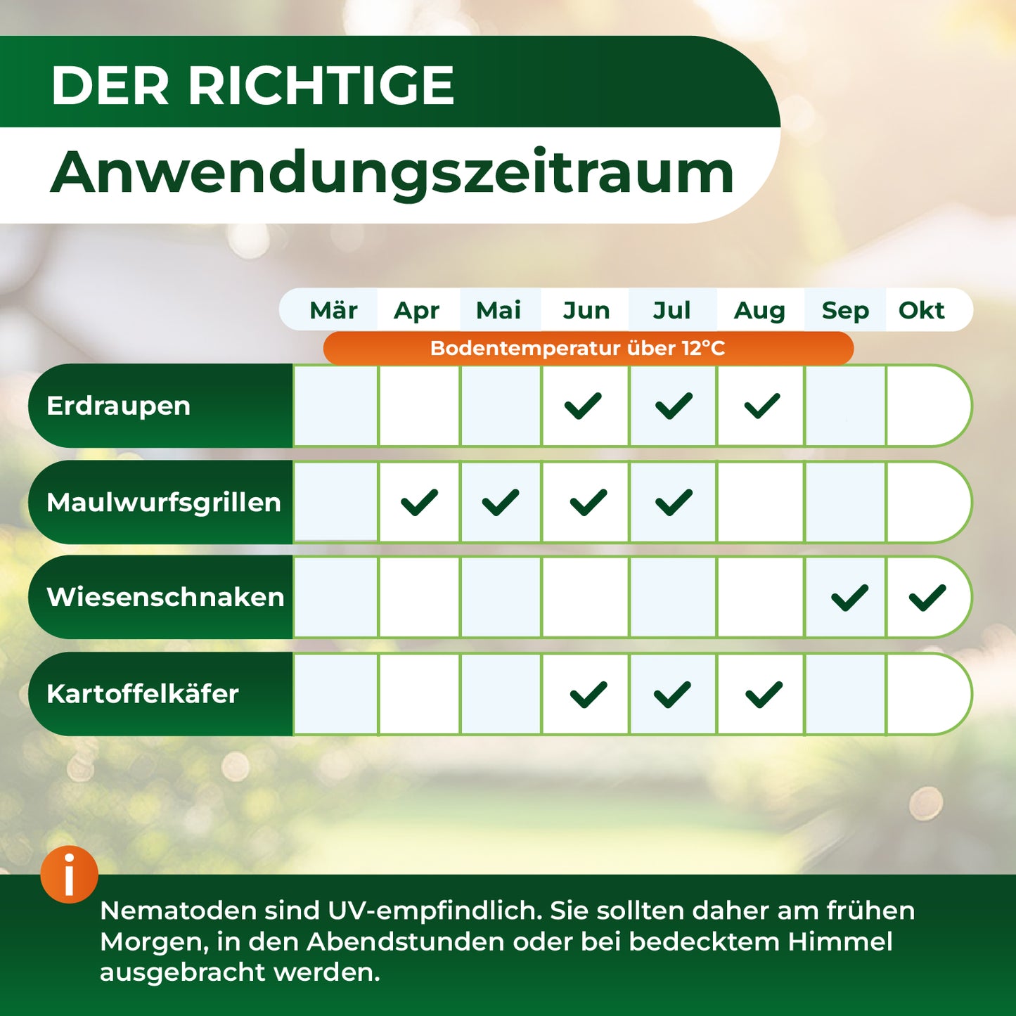 Anwendungszeitraum für Nematoden gegen Erdraupen, Maulwurfsgrillen, Wiesenschnaken und Kartoffelkäfer von März bis Oktober