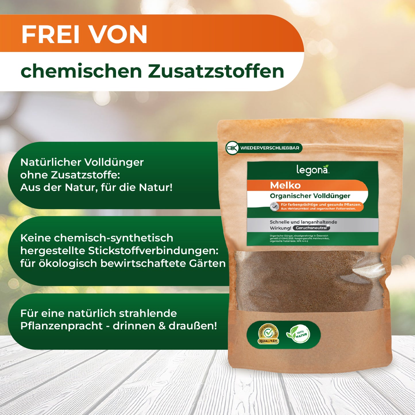 Packung mit Legona Melko organischem Volldünger auf hellem Holztisch vor unscharfem Hintergrund mit Texten zu chemiefreier Düngung