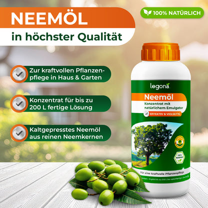 Flasche mit Neemöl-Konzentrat von legona auf Holzuntergrund neben Neemfrüchten und Text zu Qualität und Anwendung für Pflanzenpflege in Haus und Garten