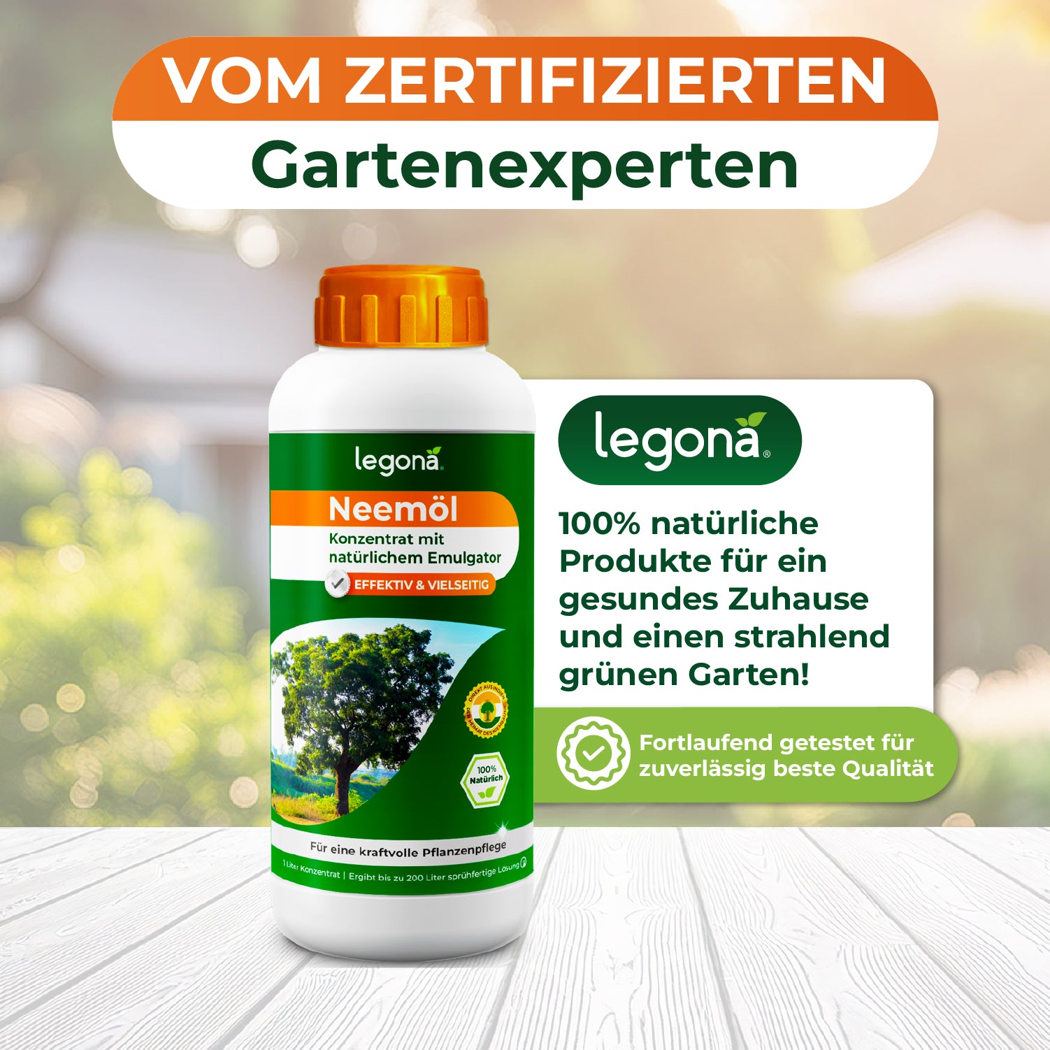 Flasche mit legona Neemöl-Konzentrat vor unscharfem Gartenhintergrund und Text zu natürlichen Gartenprodukten und Qualitätssicherung