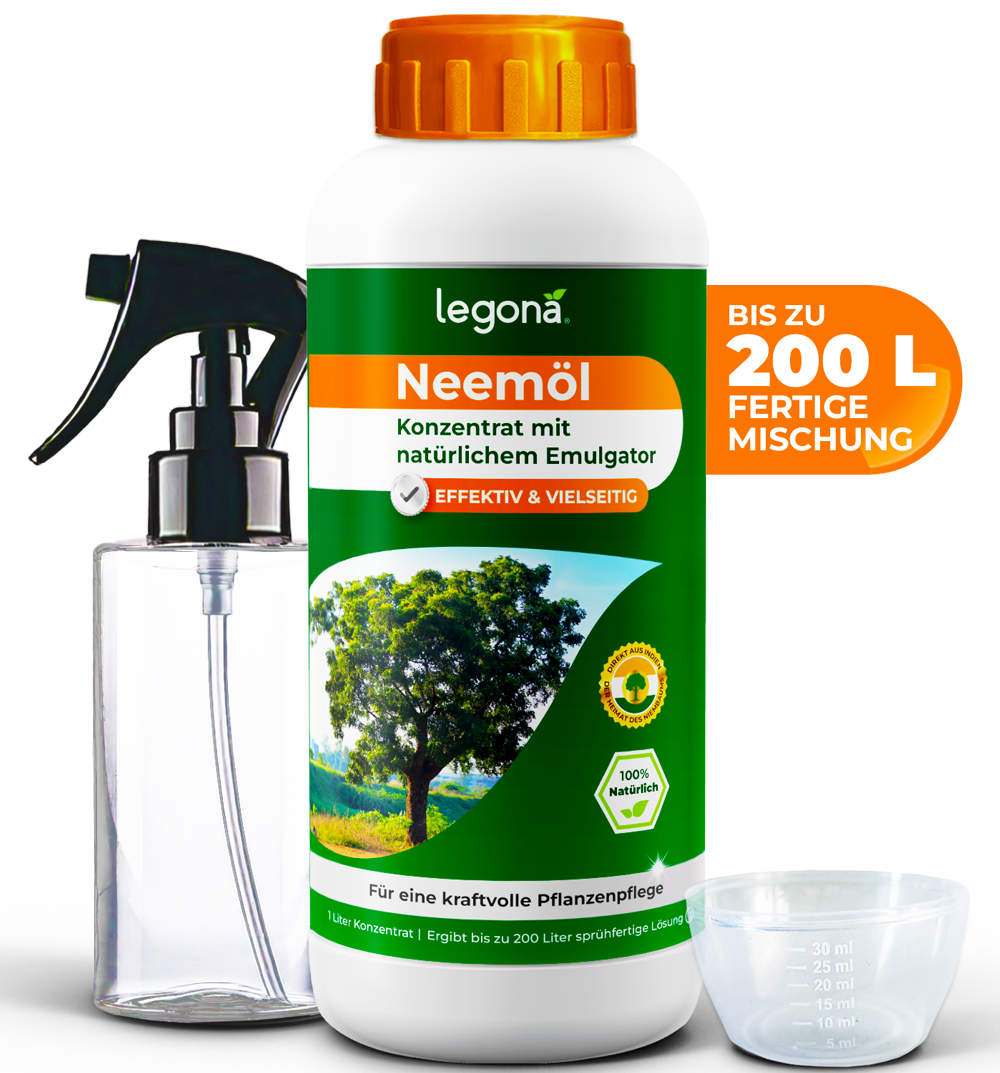 Flasche mit Neemöl-Konzentrat von Legona mit Sprühflasche und Messbecher