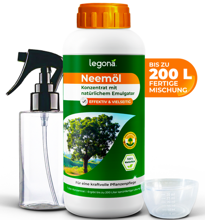 Flasche mit Neemöl-Konzentrat von Legona mit Sprühflasche und Messbecher