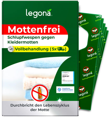 Verpackung von legona Mottenfrei Schlupfwespen gegen Kleidermotten mit Hinweis auf Vollbehandlung und Symbol für fünf Anwendungen
