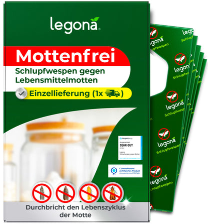 Verpackung von legona Mottenfrei Schlupfwespen gegen Lebensmittelmotten mit Hinweis auf Einzellieferung und Symbol für einmalige Anwendung