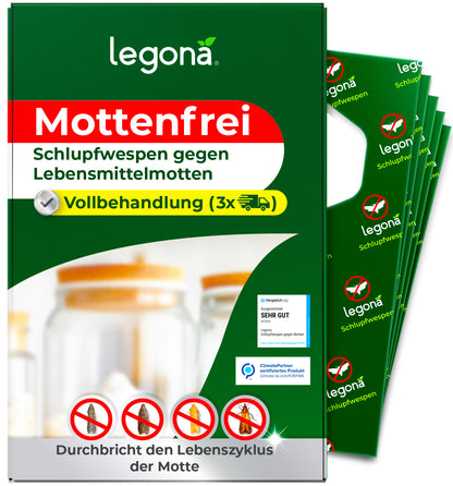 Verpackung von legona Mottenfrei Schlupfwespen gegen Lebensmittelmotten mit Hinweis auf Vollbehandlung und Symbol für drei Anwendungen