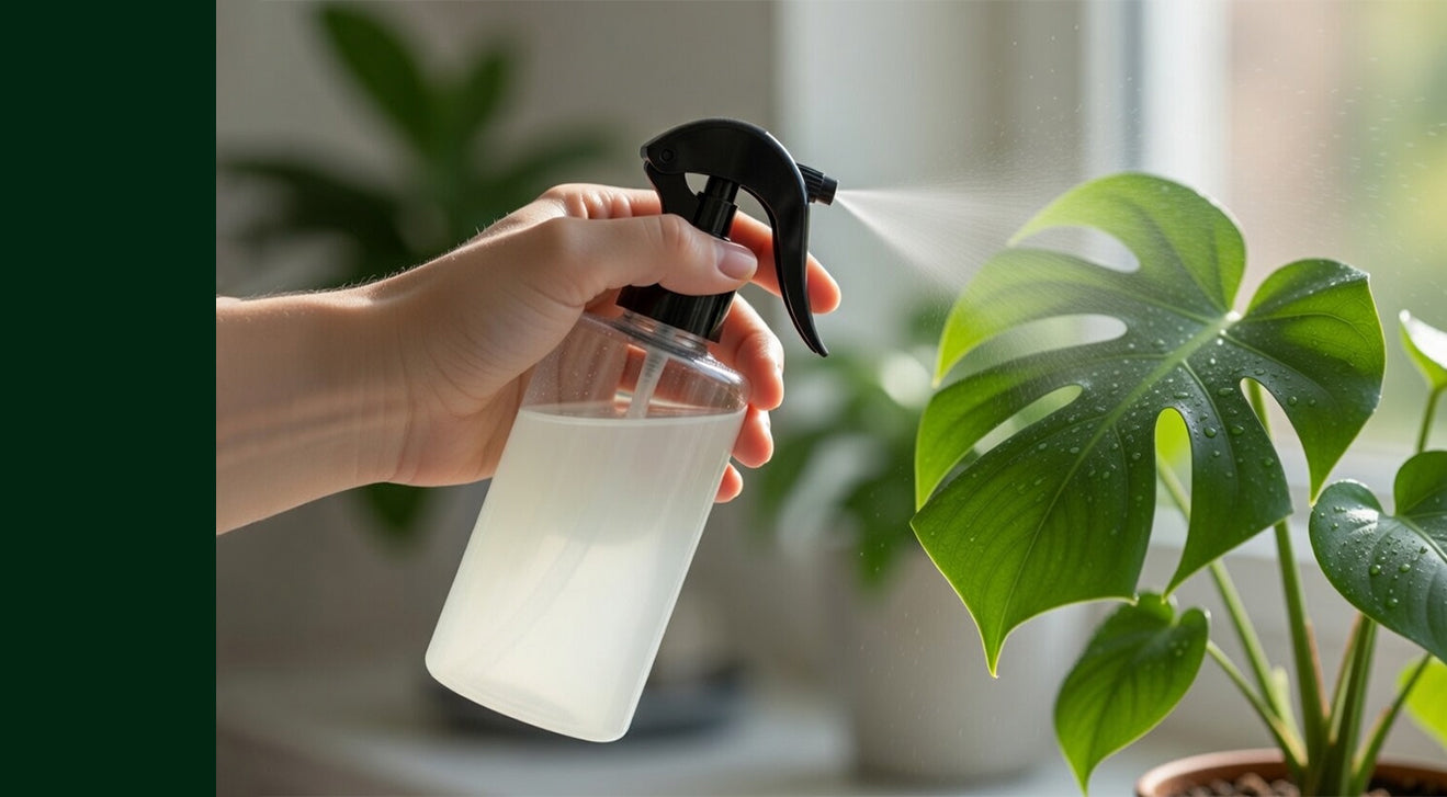 Hand sprüht Neemöl aus einer Sprühflasche auf ein großes Blatt einer Zimmerpflanze