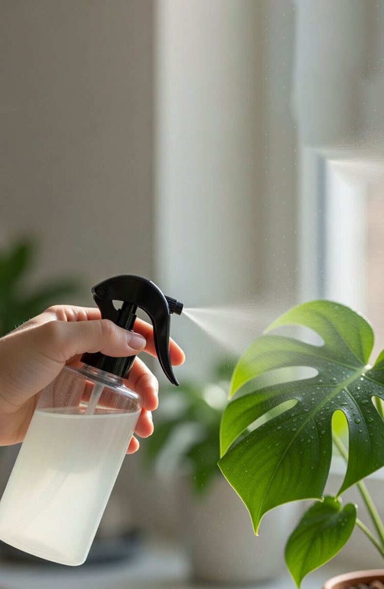 Hand sprüht Neemöl aus einer Sprühflasche auf ein großes Blatt einer Zimmerpflanze