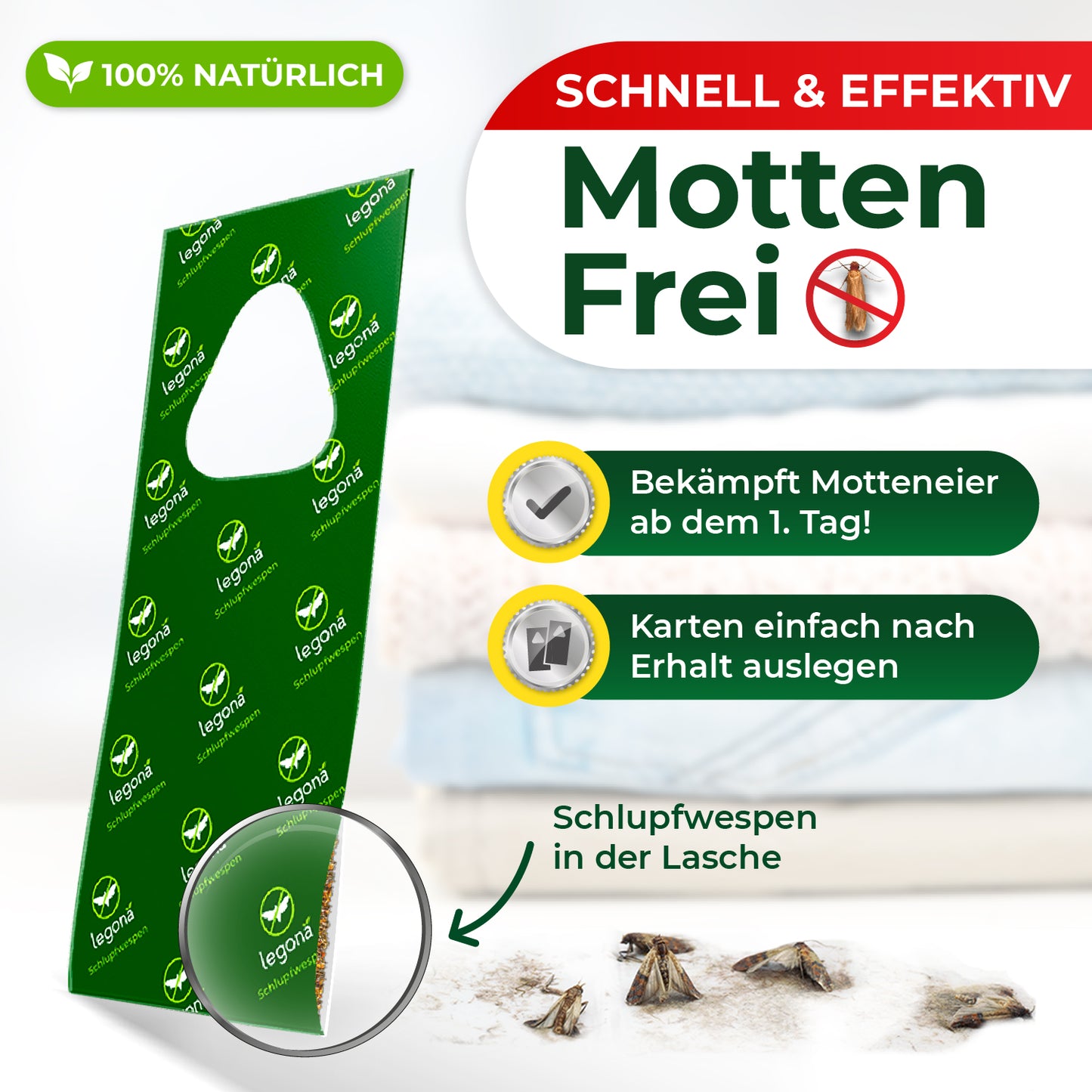 Grüne Legona Motten-Frei Schlupfwespen-Karte, 100% natürliche, schnelle und effektive Bekämpfung von Motteneiern ab dem ersten Tag.