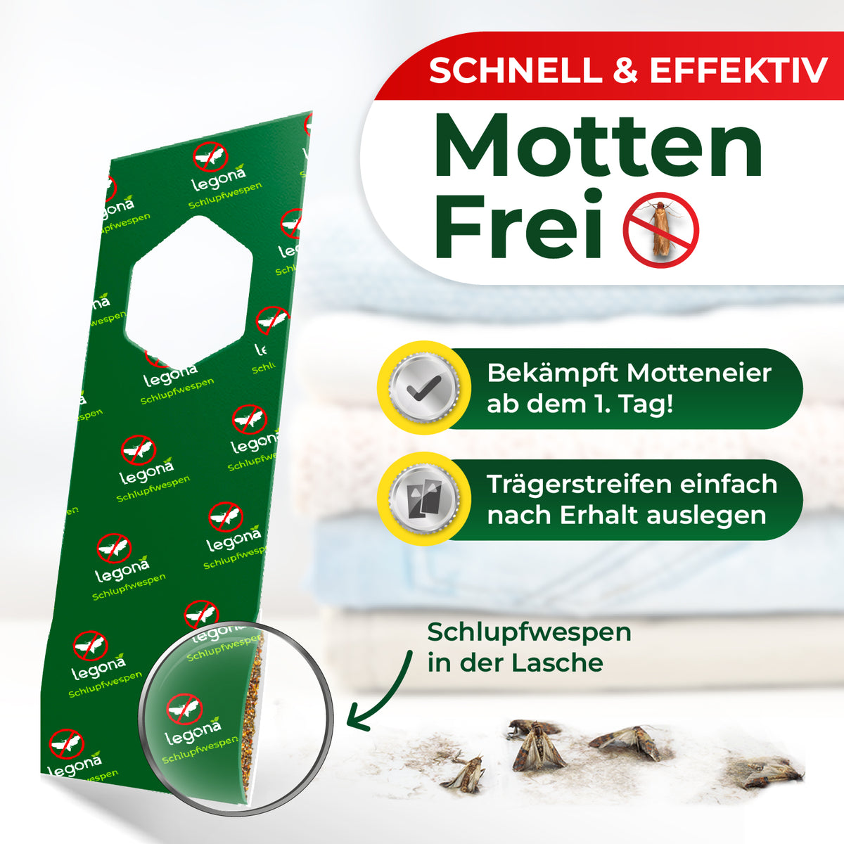 Verpackung mit grünem Design und Text 'Legona Schlupfwespen' neben Textfeldern mit Produktinformationen und Nahaufnahme von Schlupfwespen in einer Lasche