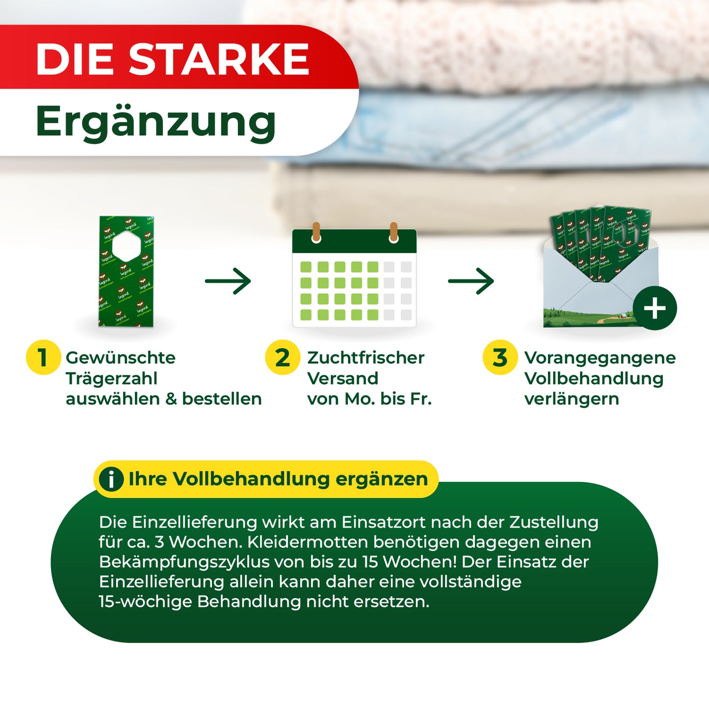 Grafik mit drei Schritten zur Ergänzung einer Behandlung: 1 .Gewünschte Trägerzahl auswählen und bestellen, 2. Zuchtfrischer Versand von Mo. bis Fr., 3. Vorangegangene Vollbehandlung verlängern, dazu ein Hinweistext zur Wirkung der Einzellieferung