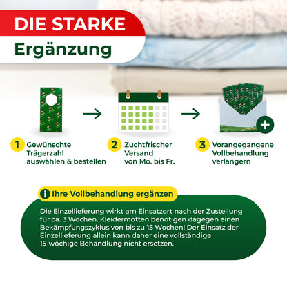 Grafik mit drei Schritten zur Ergänzung einer Behandlung: 1 .Gewünschte Trägerzahl auswählen und bestellen, 2. Zuchtfrischer Versand von Mo. bis Fr., 3. Vorangegangene Vollbehandlung verlängern, dazu ein Hinweistext zur Wirkung der Einzellieferung