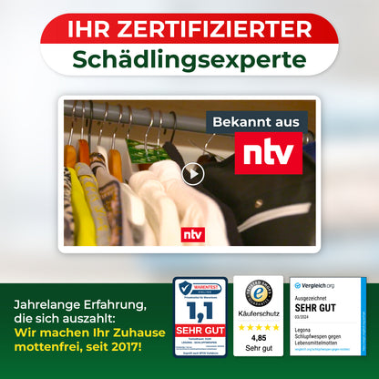 Legona - Ihr zertifizierter Schädlings­experte - 'Bekannt aus ntv'. Drei Auszeichnungen mit Bewertungen 'Sehr gut' für Käuferschutz und Motten­schutz seit 2017.
