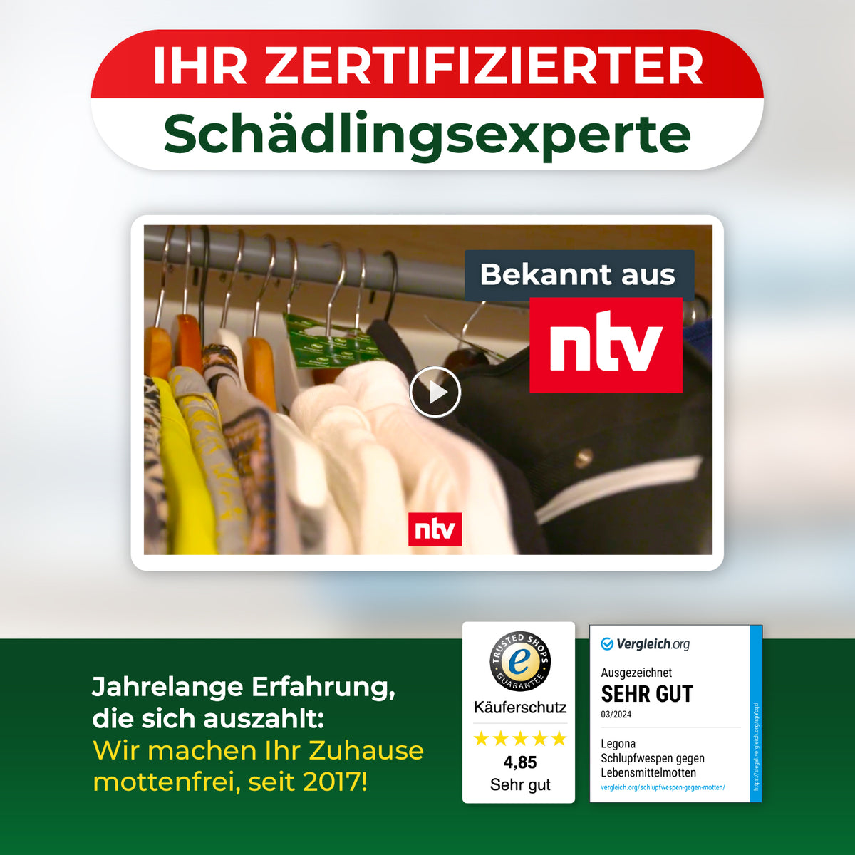 Kleiderstange mit verschiedenen Kleidungsstücken und dem Schriftzug 'IHR ZERTIFIZIERTER Schädlings­experte' sowie dem Logo 'Bekannt aus ntv' und Auszeichnungen für Käuferschutz und sehr gute Bewertung.
