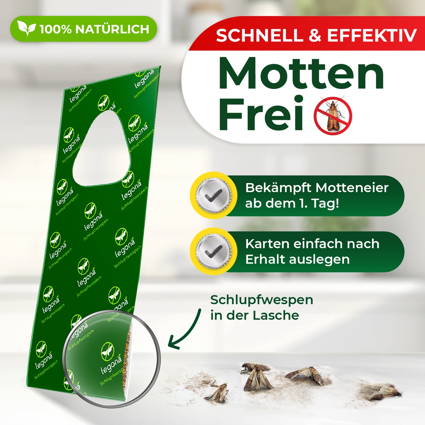 Grüne Verpackung von 'Motten Frei' mit Schlupfwespen-Karten von Legona. Hinweis auf 100% natürliche Inhaltsstoffe und schnelle Wirkung gegen Motteneier ab dem ersten Tag.