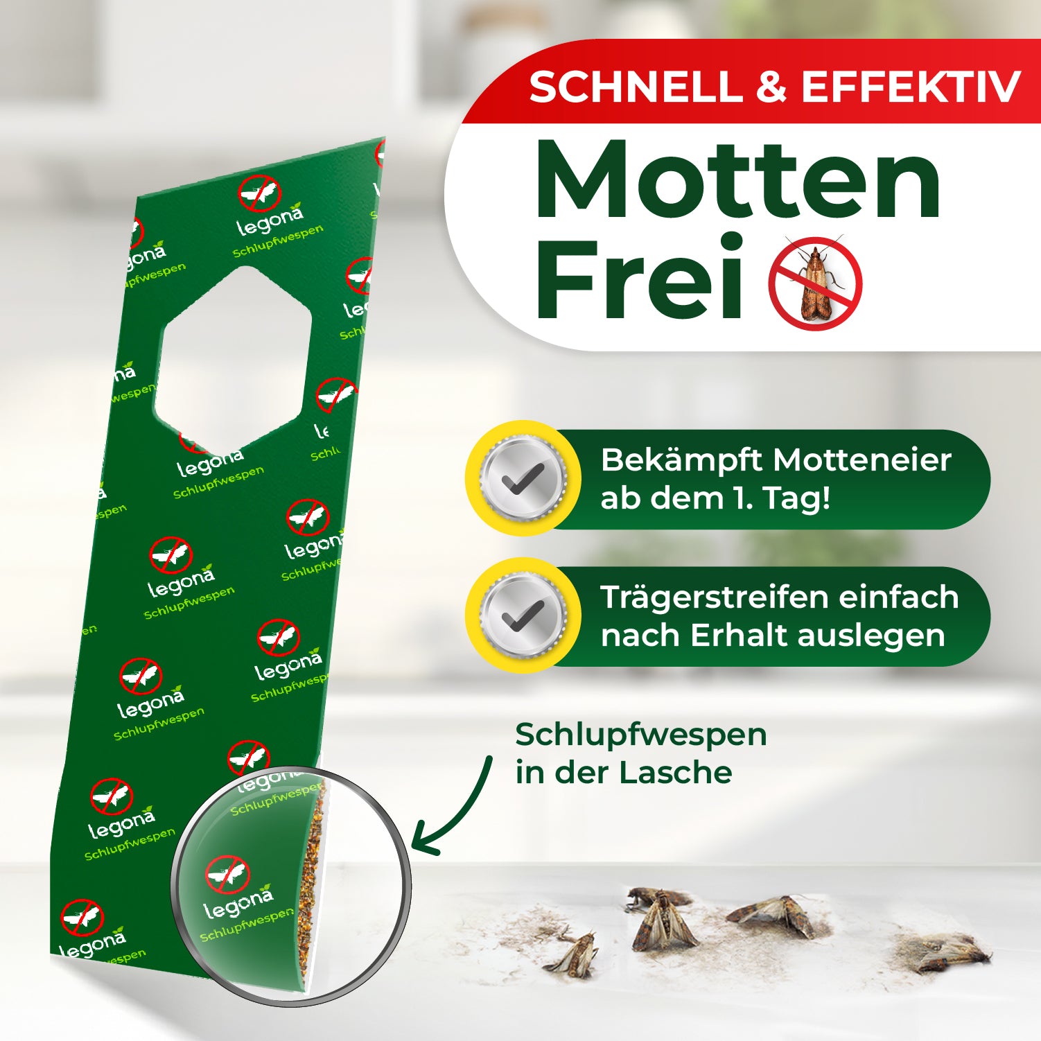 Grüner Trägerstreifen mit Aufdruck 'legona Schlupfwespen' sowie Textfeldern mit Produktinformationen und Abbildung von Motten und Schlupfwespen