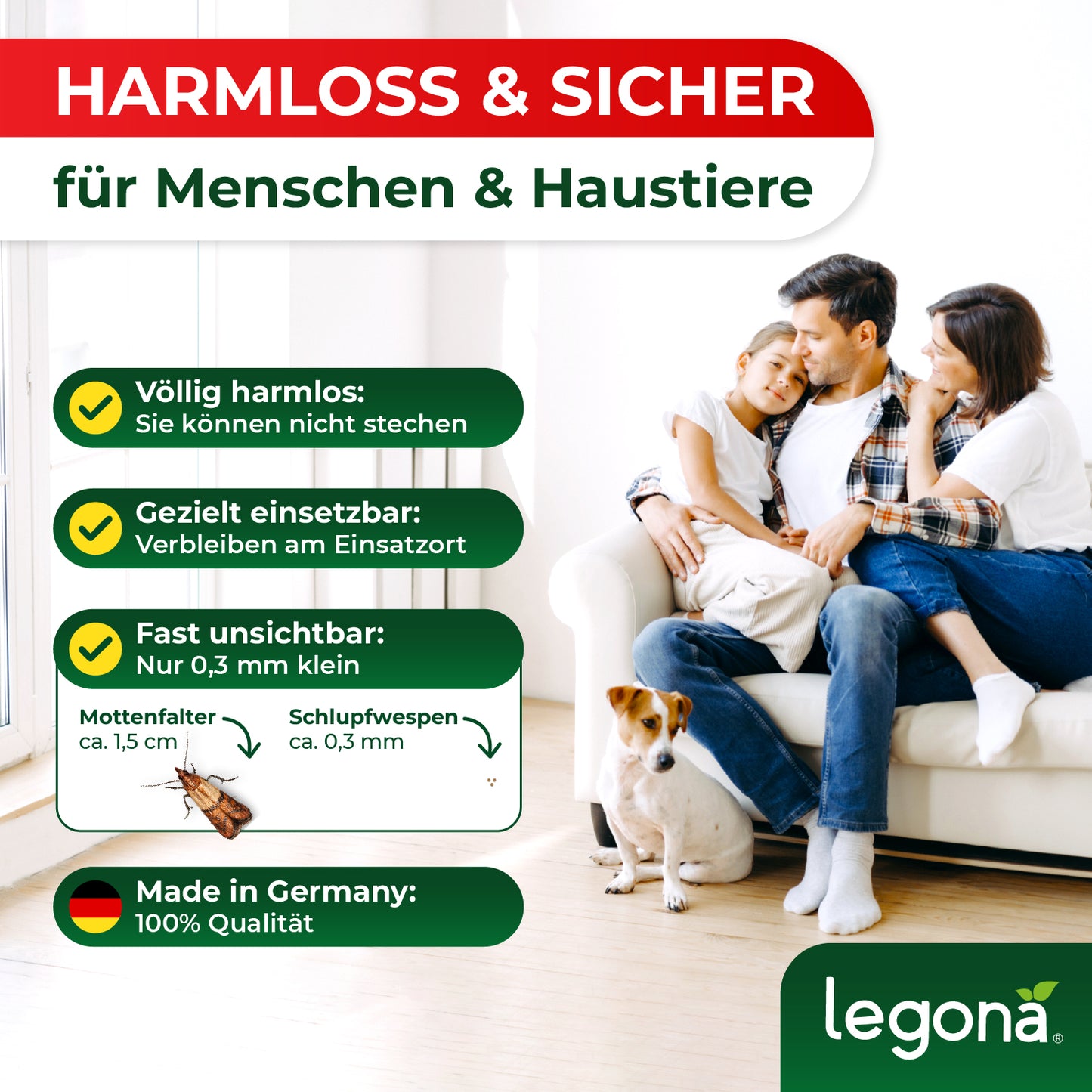Familie mit zwei Kindern und Hund sitzt entspannt auf Sofa, Schlupfwespen sind harmlos und sicher für Menschen und Haustiere, made in Germany.