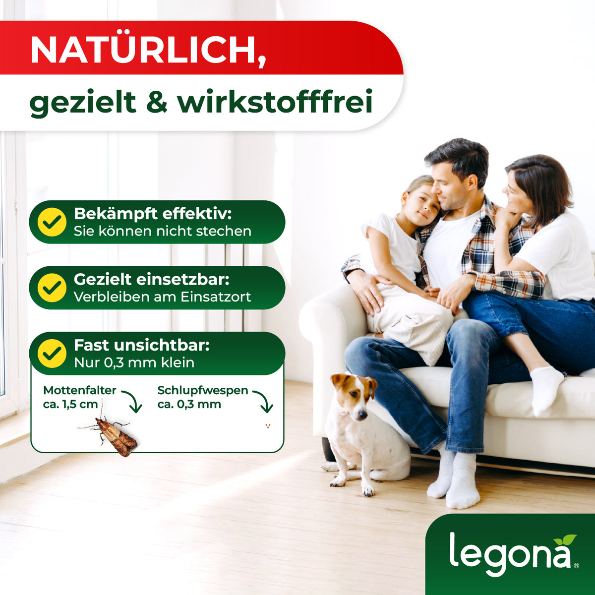 Familie mit zwei Kindern und Hund sitzt entspannt auf einem weißen Sofa neben einer Infografik zu Schlupfwespen und Text zur Bekämpfung von Motten