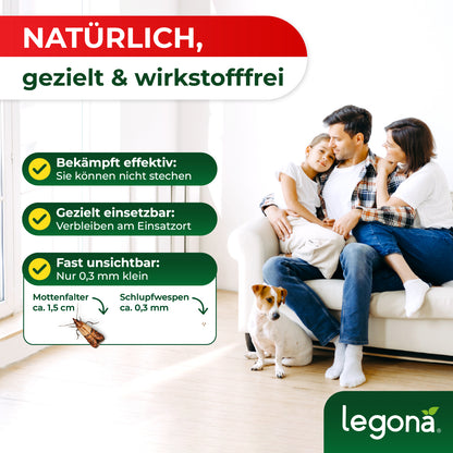 Familie mit zwei Kindern und Hund sitzt entspannt auf einem weißen Sofa neben einer Infografik zu Schlupfwespen und Text zur Bekämpfung von Motten