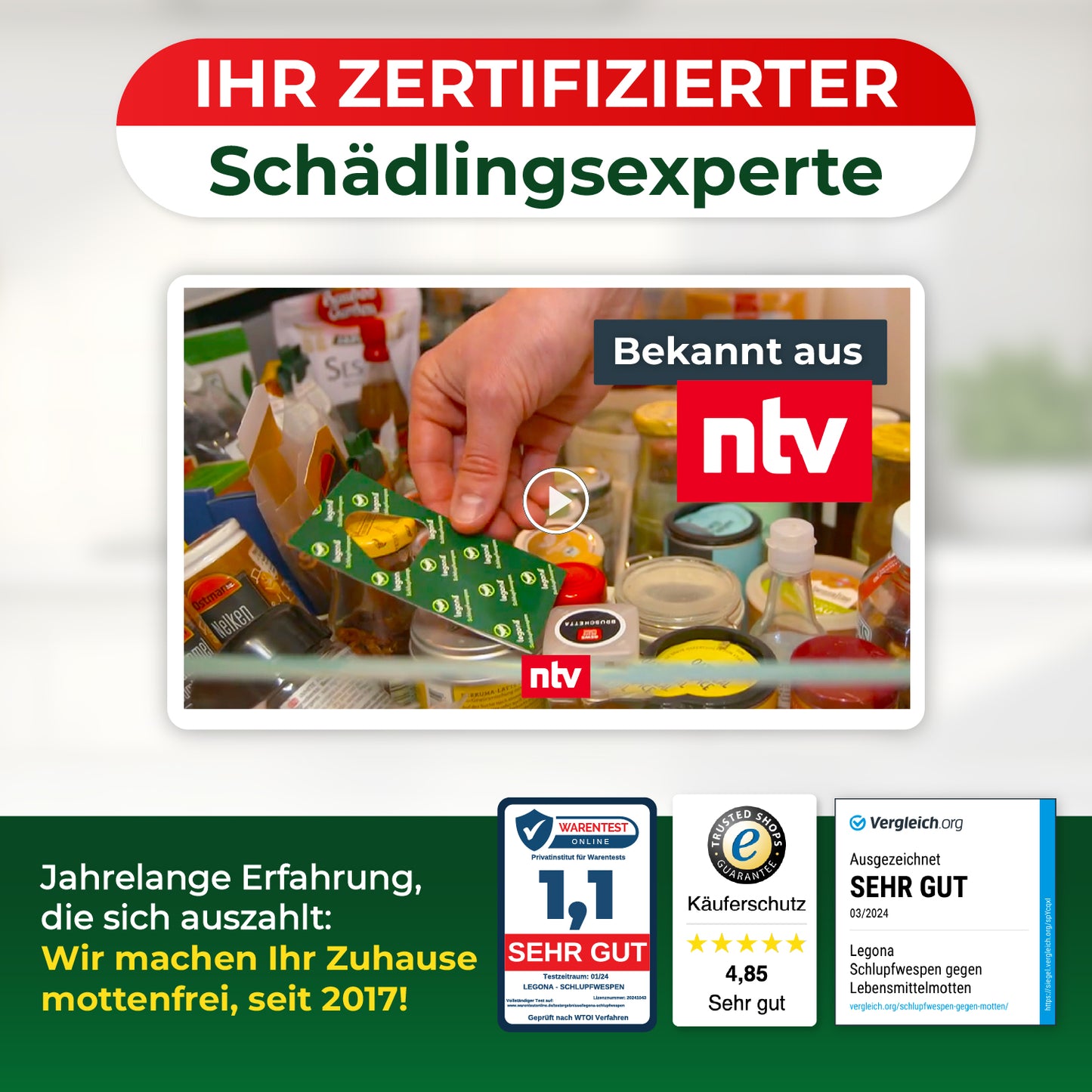 Legona ist zertifizierter Schädlingsbekämpfer mit Auszeichnungen von ntv, Stiftung Warentest und Vergleich.org.