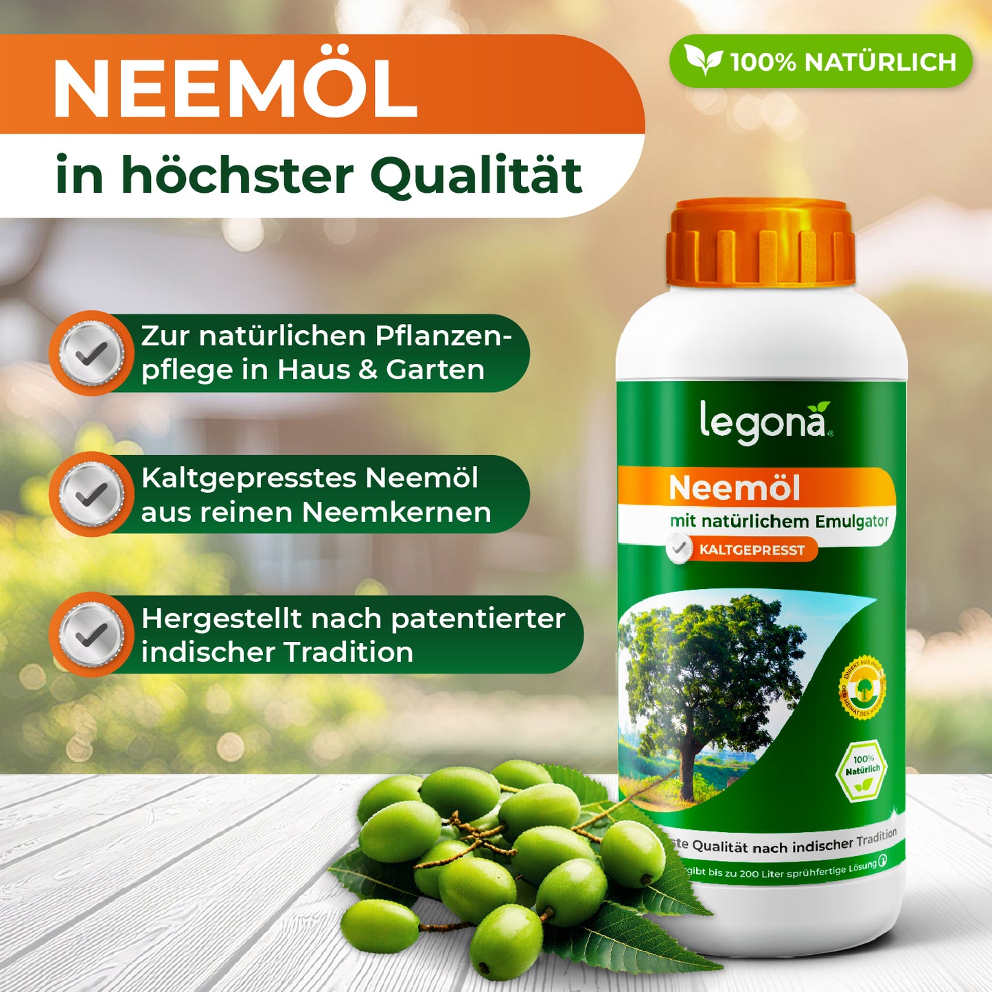 Legona Neemöl Flasche mit natürlichem Emulgator, kaltgepresst, zur Pflanzenpflege in Haus und Garten, hergestellt nach indischer Tradition