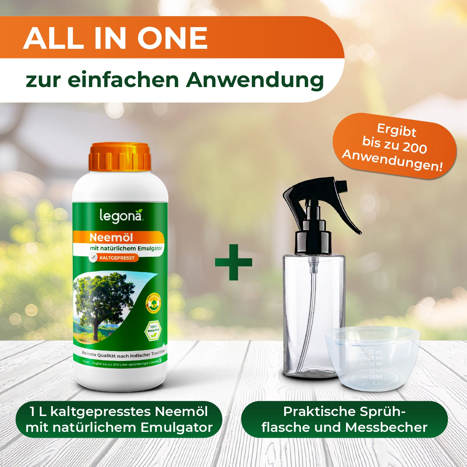 Legona Neemöl 1 Liter kaltgepresst mit natürlichem Emulgator, dazu praktische Sprühflasche und Messbecher, für bis zu 200 Anwendungen