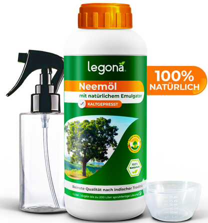 1 Liter Neemöl mit Emulgator mit Sprühflasche und Messbecher