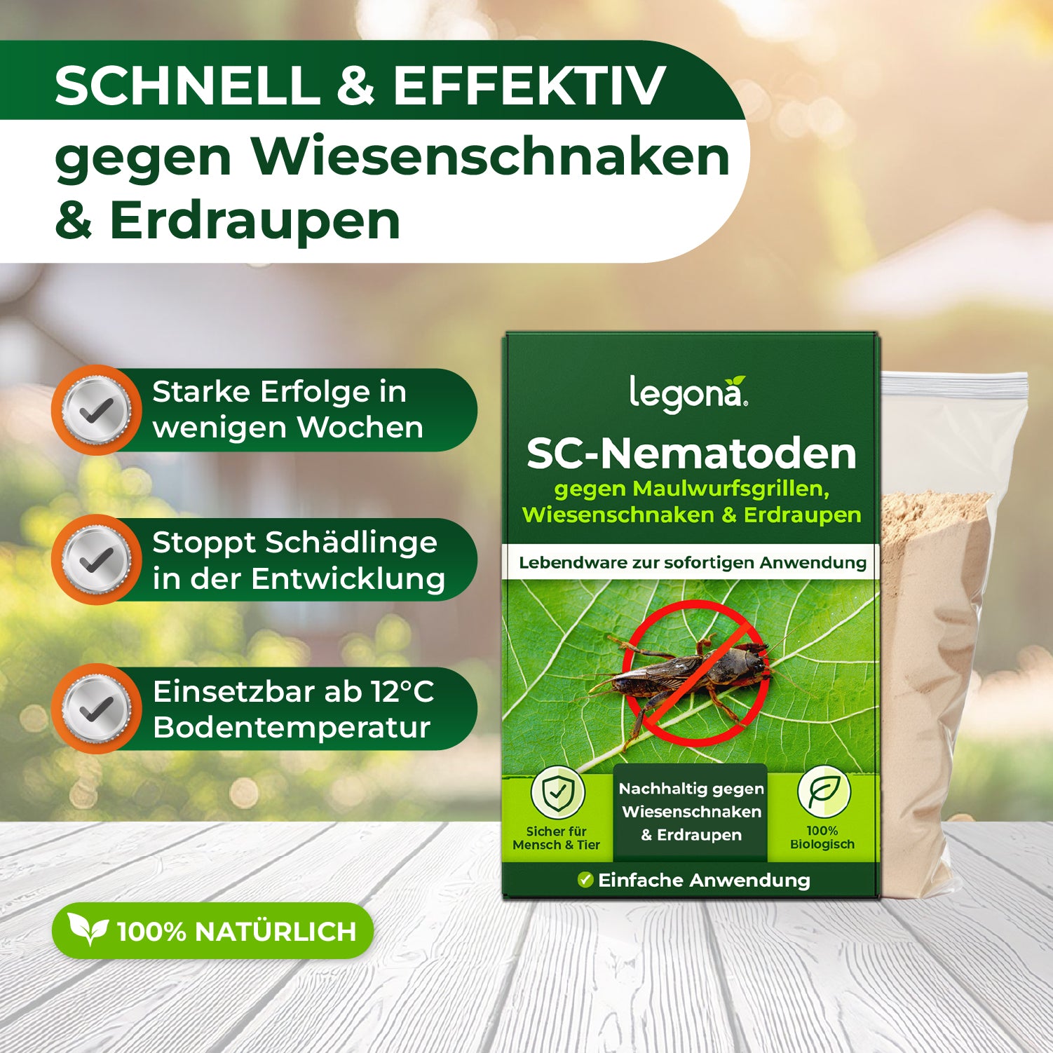 Verpackung von Legona SC-Nematoden auf grünem Hintergrund mit Text zur Anwendung gegen Wiesenschnaken und Erdraupen