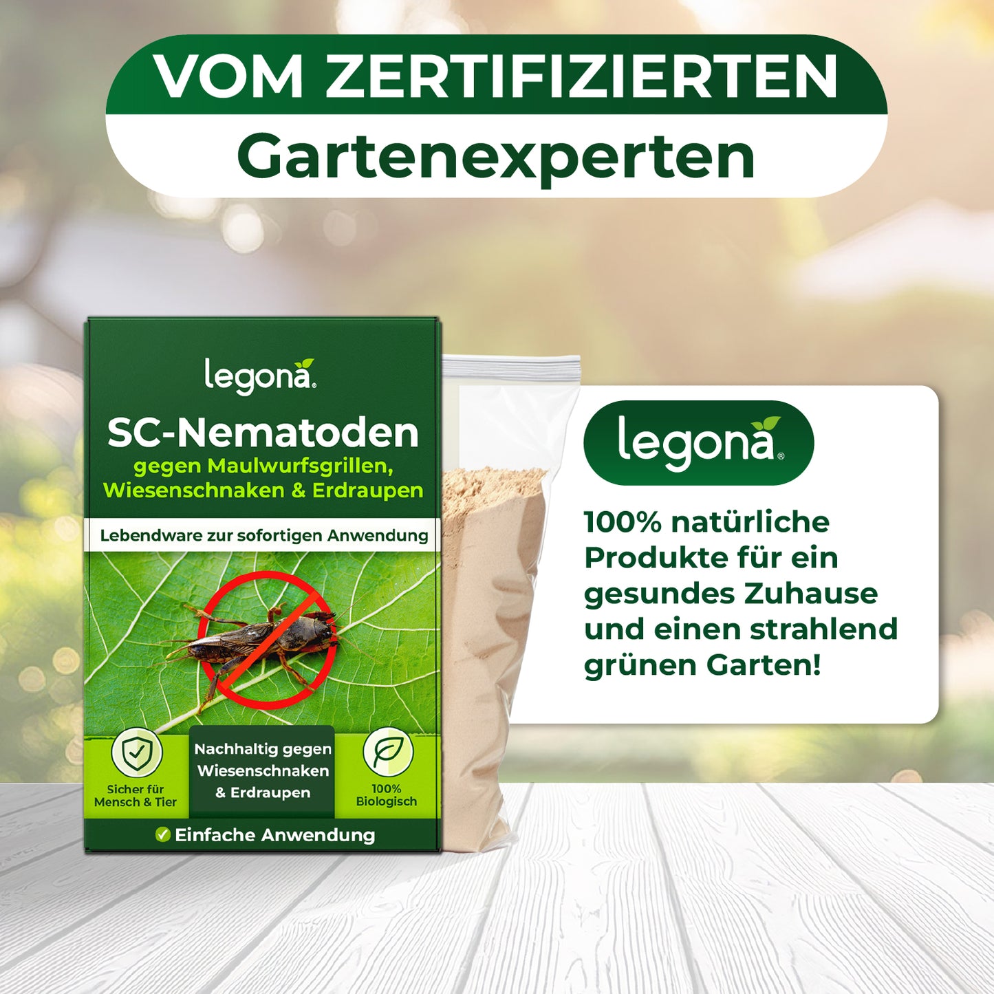 Verpackung von Legona SC-Nematoden gegen Maulwurfsgrillen, Wiesenschnaken und Erdraupen mit Text zu 100 Prozent natürlichen Produkten für gesunden Garten