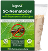 Verpackung von Legona SC-Nematoden gegen Maulwurfsgrillen, Wiesenschnaken und Erdraupen mit grünem Design, Text und Bild einer Maulwurfsgrille mit rotem Verbotssymbol, daneben ein durchsichtiger Beutel mit Pulver