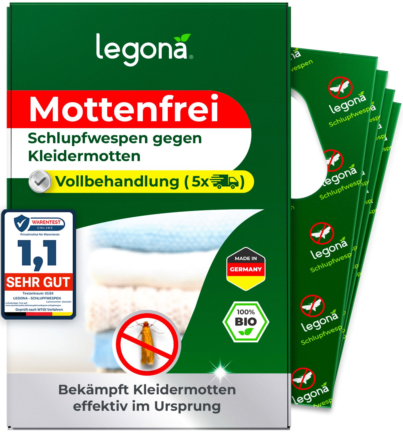 Legona Mottenfrei - Schlupfwespen gegen Kleidermotten, 5-fach Vollbehandlung, 100% Bio, Made in Germany, sehr gut bewertet