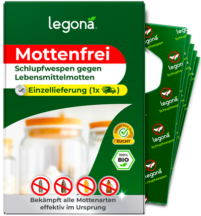 Verpackung von "Legona Mottenfrei" mit Schlupfwespen gegen Lebensmittelmotten und Hinweis auf Einzellieferung mit einer Anwendung