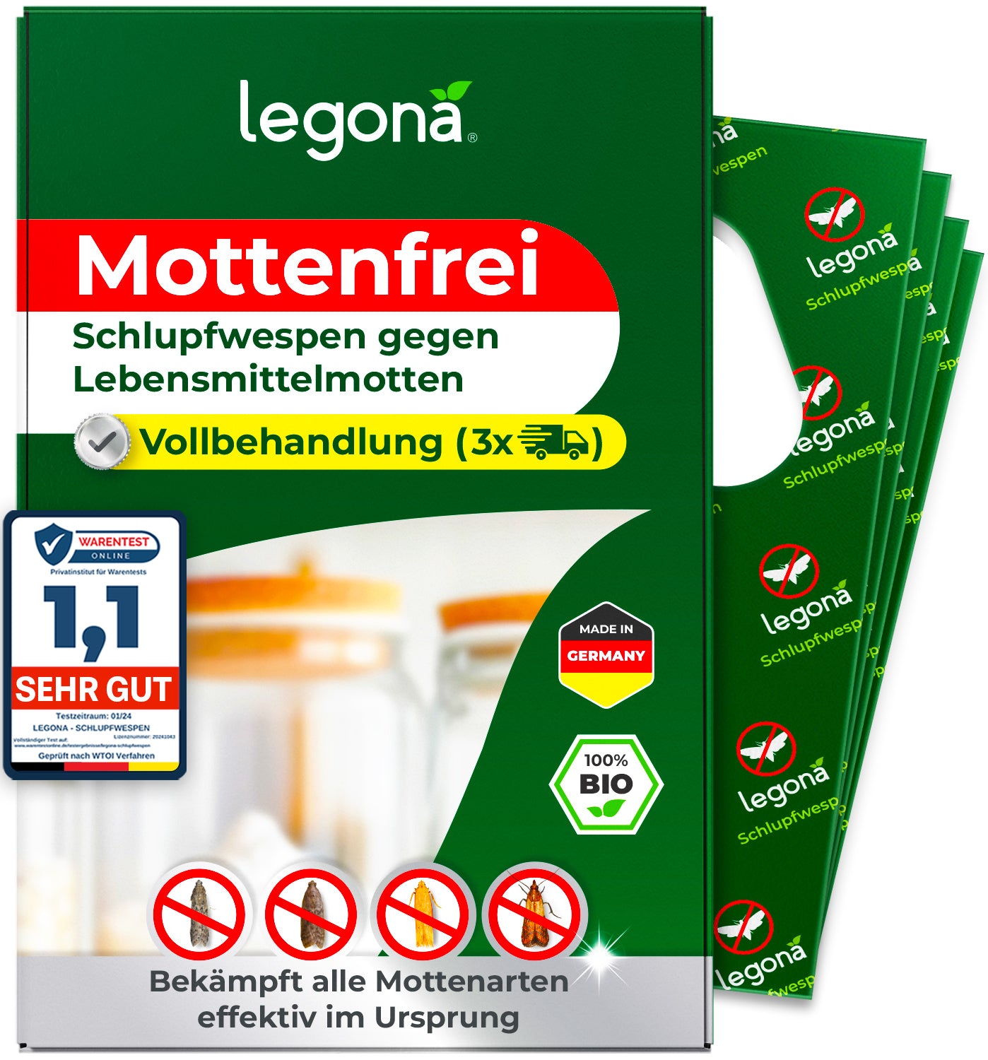 Legona Mottenfrei Schlupfwespen gegen Lebensmittelmotten, Vollbehandlung für 3 Anwendungen, 100% bio, Made in Germany, sehr gut bewertet