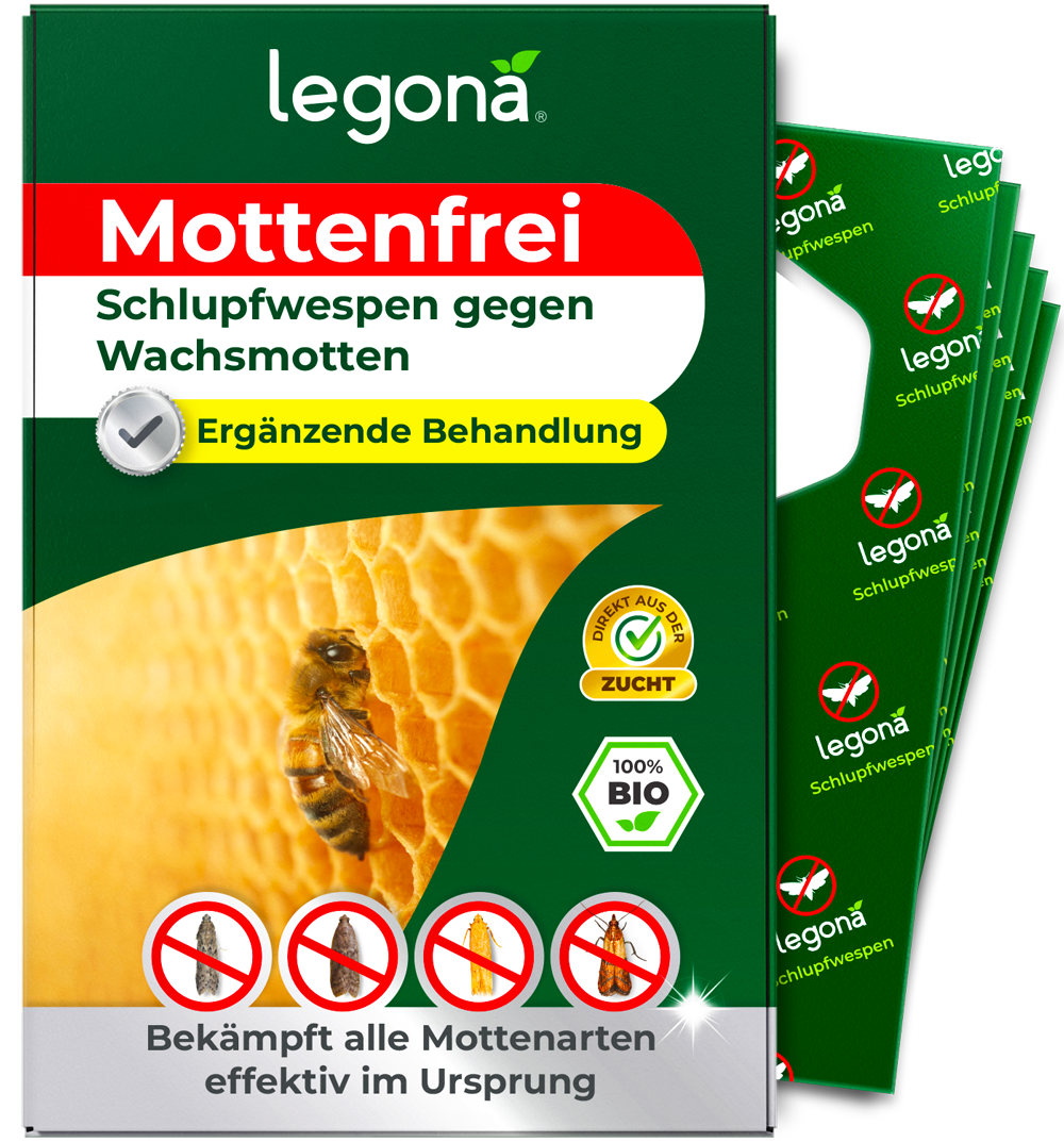 Verackung des Produkts 'Legona Mottenfrei' Schlupfwespen gegen Wachsmotten mit gelbem Wabenmuster