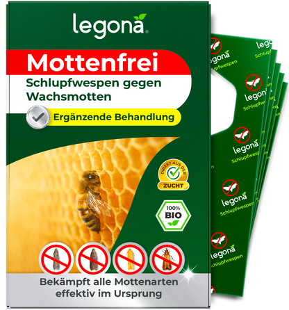 Verackung des Produkts 'Legona Mottenfrei' Schlupfwespen gegen Wachsmotten mit gelbem Wabenmuster und dem Hinweis: Ergänzende Behandlung