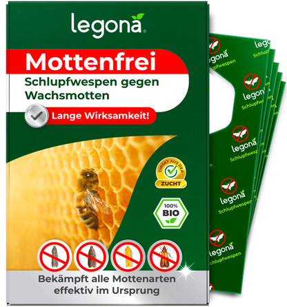 Verackung des Produkts 'Legona Mottenfrei' Schlupfwespen gegen Wachsmotten mit gelbem Wabenmuster