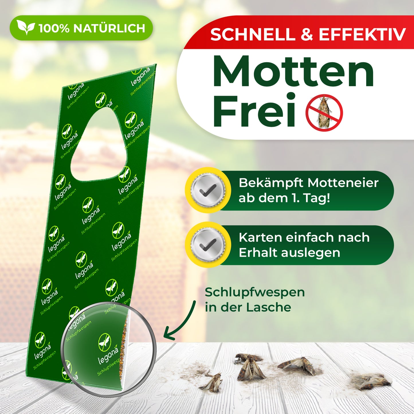 Grüne Legona Motten-Frei Karte mit Schlupfwespen, bekämpft Wachsmotten ab dem ersten Tag, 100% natürlich, schnell und effektiv