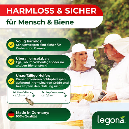 Legona Schlupfwespen gegen Wachsmotten, harmlos und sicher für Menschen und Bienen sind, überall einsetzbar und von Bienen toleriert