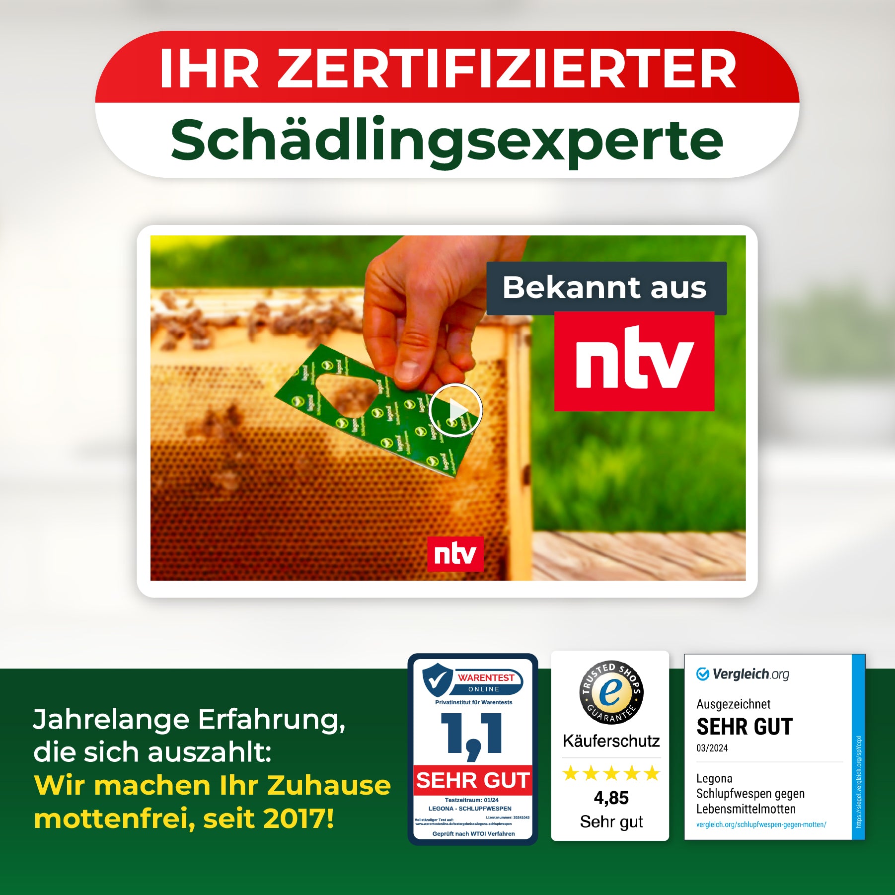 Legona ist zertifizierter Schädlings­experte, bekannt aus ntv, Auszeichnungen für sehr gute Bewertungen seit 2017