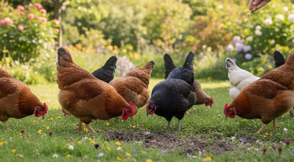 Mehrere Hühner unterschiedlicher Farben picken auf einer Wiese mit Blumen und Büschen im Hintergrund