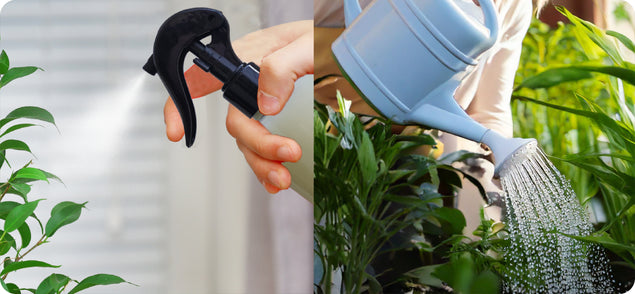 Hand sprüht Wasser auf Zimmerpflanze mit Sprühflasche; andere Hand gießt Gartenpflanzen mit blauer Gießkanne