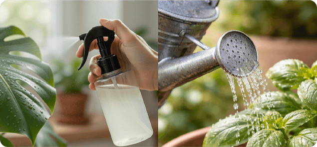 Hand hält Sprühflasche vor Pflanze mit großen Blättern und Gießkanne gießt Wasser auf Kräuterpflanze