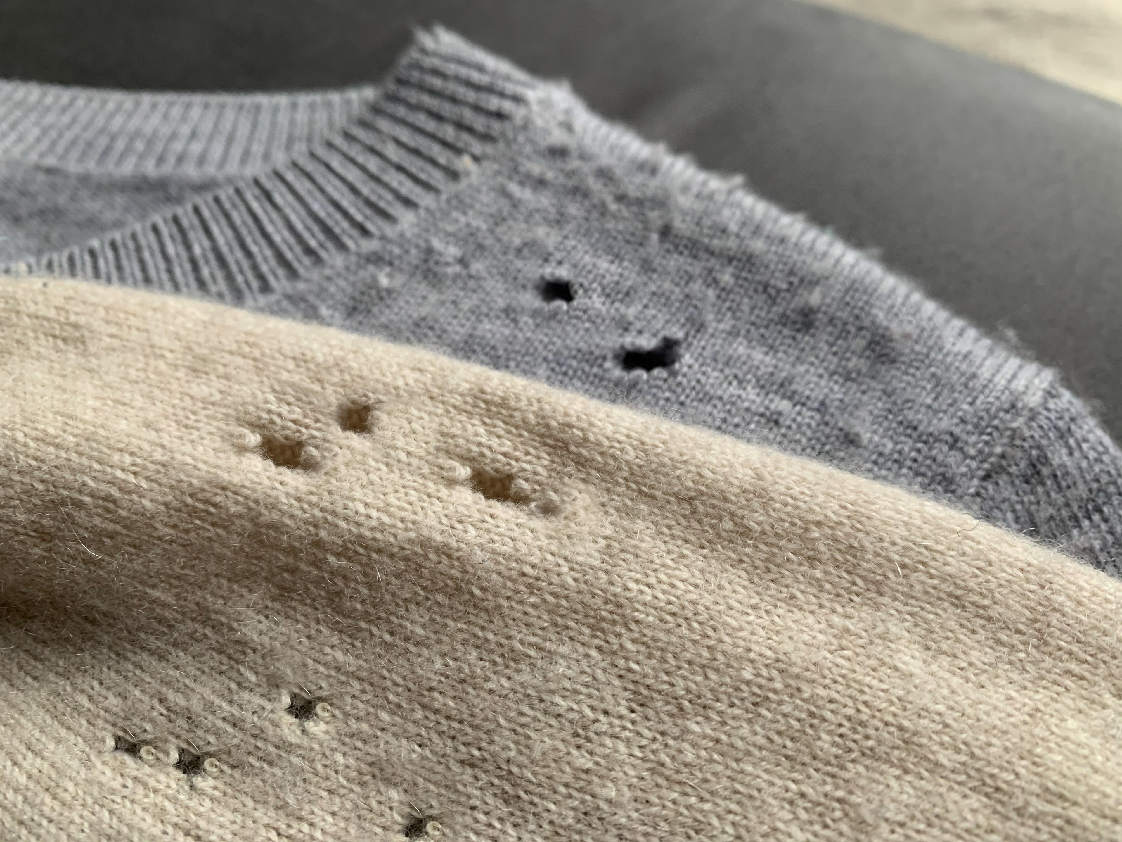 Zwei Kaschmirpullover mit Löchern und Beschädigungen, verursacht durch Kleidermotten
